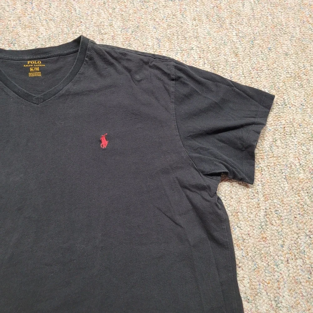 Polo Ralph Lauren Shirt Mens XL‎ Black VNeck Pullover Red Pony Rugby Tee Cotton
